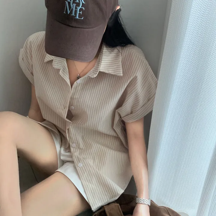 [빈티지🤍/여름셔츠] 샌드 스트라이프 루즈핏 롤업 반팔셔츠,남방 - 3color 상세 이미지 40