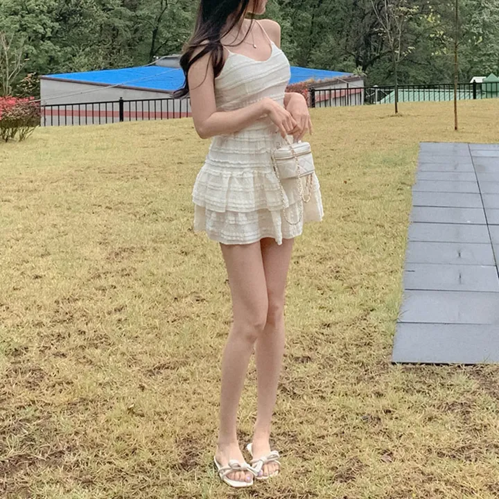 [나시스커트SET/고퀄ෆ러블리] 베링 레이스 프릴 뷔스티에 브이넥 캡 나시 + A라인 밴딩 캉캉 미니 스커트 투피스 세트 데이트룩 여행룩 바캉스룩 꾸안꾸 플리츠 발레코어 상세 이미지 14