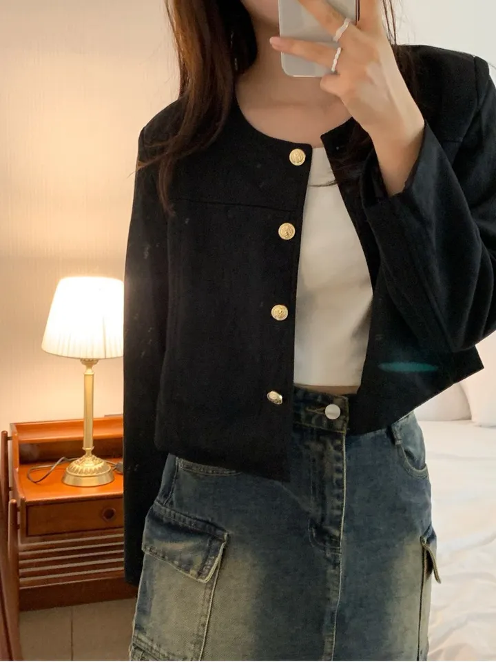 [주문폭주🐱‍🏍3color/가을신상🍂] 노이드 노카라 금장로고 스웨이드 자켓 올드머니룩 페미닌룩 어깨패드 상세 이미지 46