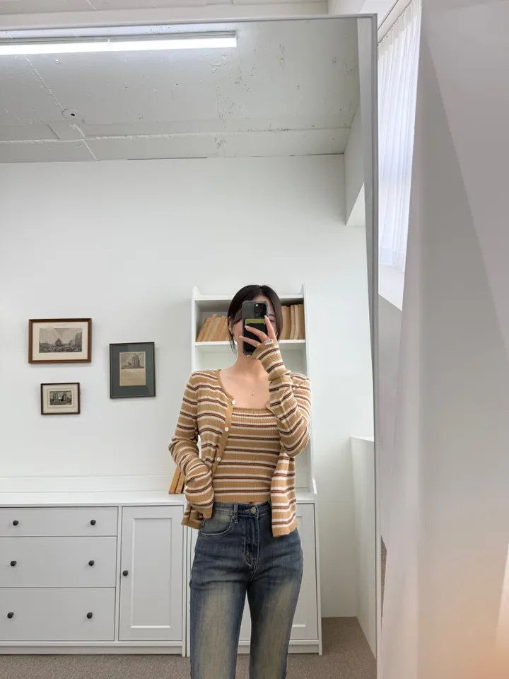문의 폭주/봄신상 피코 부드러운 스프라이프 단가라 나시 가디건 세트 벚꽃 데이트룩 추천 (4color) 상세 이미지 18