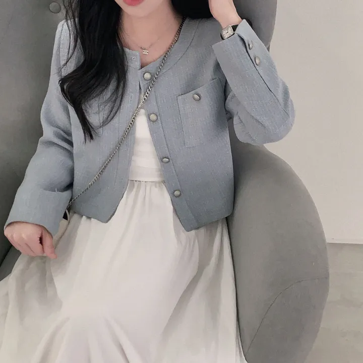 [얇은 트위드🩵/new신상!]화사한 고급스러움,매트 트위드 라운드 세미크롭 루즈핏 트위드 자켓 상세 이미지 10
