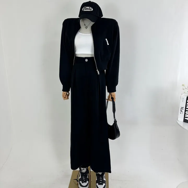 [패드내장/데일리/캐주얼/세트가격/봄투피스💞] 루즈핏 포켓 미니패치 패드 크롭 쭈리 투웨이 집업 + 하이 뒷밴딩 핀턱 롱 슬랙스 와이드팬츠 SET (3COLOR) 상세 이미지 19