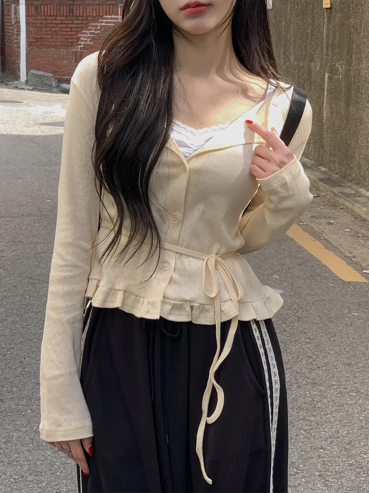 [머플러set/파스텔색감] 아투 라운드넥 펀칭 아일렛 프릴 여리핏 긴팔 가디건 3colors 상세 이미지 16