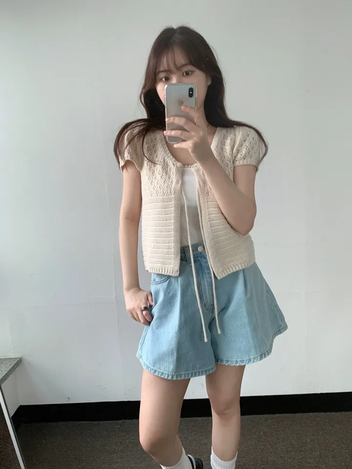 멜라운지 콤비 하프 가디건 mellounge 2col 반팔 여름 리본 펀칭 레이어드 러블리 상세 이미지 4