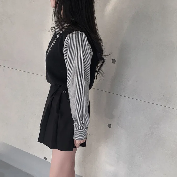 [단독/일체형!/✨주문폭주✨]올인원 쓰리버튼 레이어드 일체형 스트라이프 셔츠+니트조끼 상세 이미지 15
