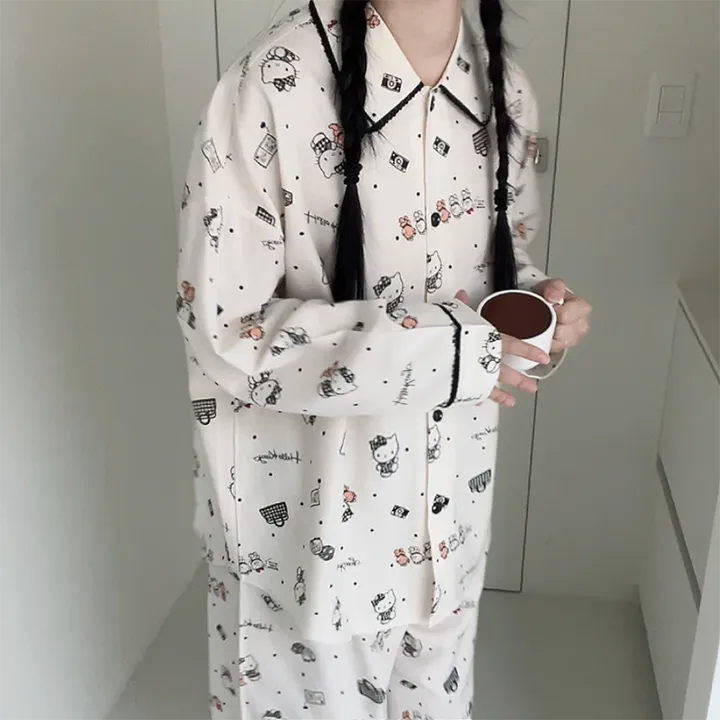 🖤[당일출고/정품/최저가!]🖤 헬로키티 잠옷 파자마 상하세트 면 레이온 봄 가을 박시핏 빅사이즈 오버핏 루즈핏 캐릭터 산리오 땡땡이 도트 원카라 블랙 레이스 선물 파자마파티 상세 이미지 10