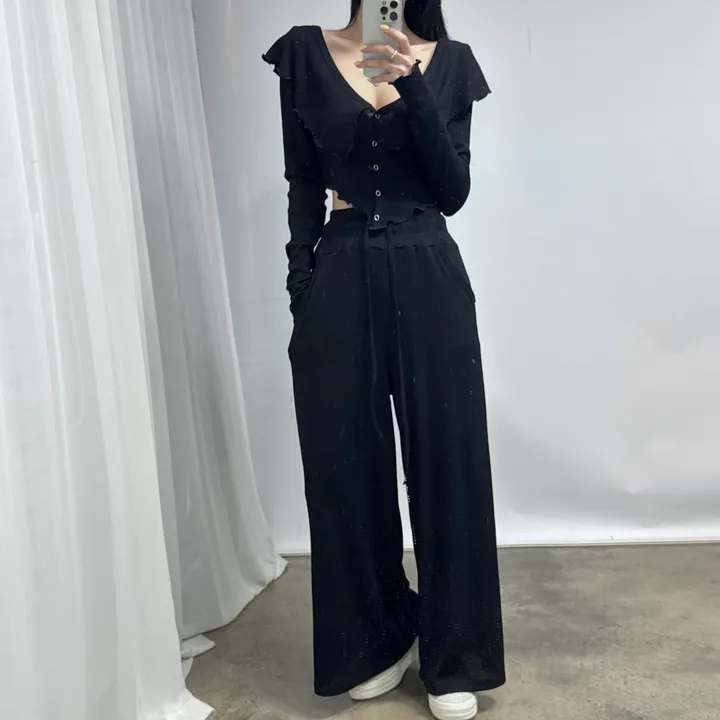 [초여리핏❤/별도구매] 티티 크롭 빅 카라 날개 가디건 와이드 나팔 팬츠 트레이닝 세트 4color 슬림 상세 이미지 31