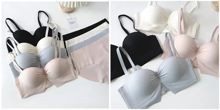 볼륨업 하프컵 반컵브라 심리스 뽕브라 노와이어 편한 오프숄더 튜브탑 A컵 AA컵 여름 끈없는 브라탑 팬티 속옷 세트 상세 이미지 6