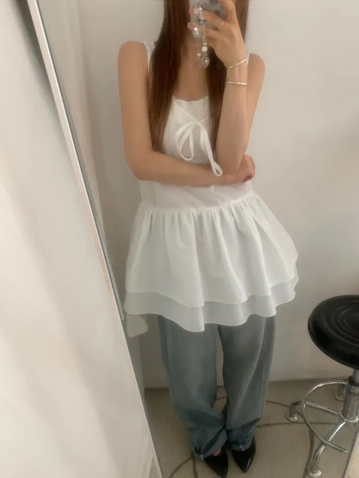 日本未入荷 CHUU★リボン柄レーストリムミニキャミワンピース