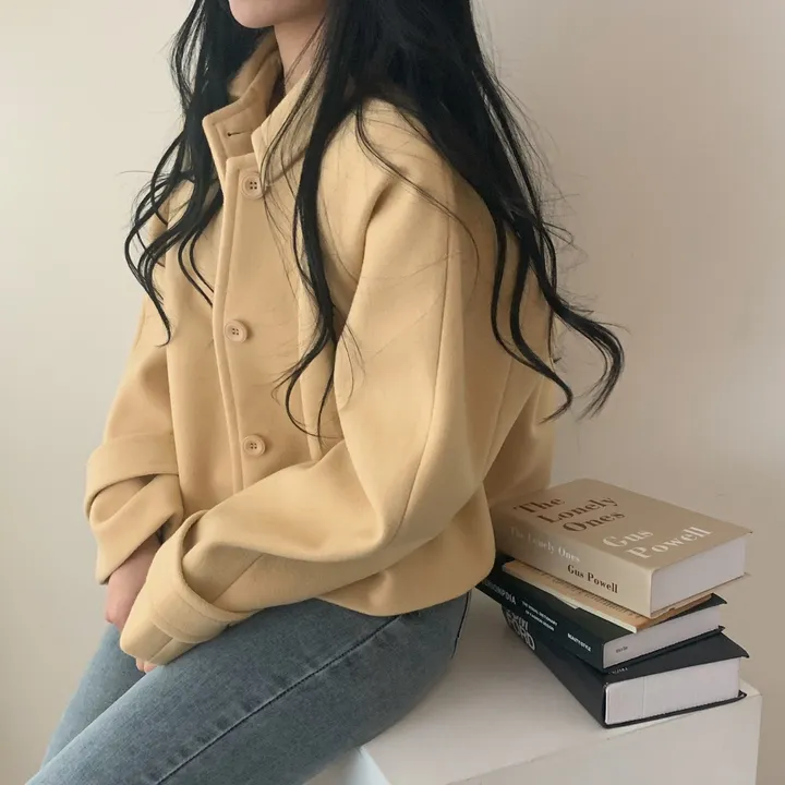 봄가을 크롭재킷 오버핏 아이보리 블랙 싱글버튼 숏코트 상세 이미지 6
