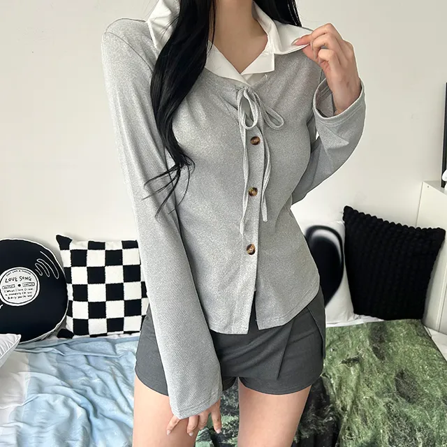 [일체형/모던룩/2col] 신디 일체형 슬림핏 레이어드 셔츠 가디건 / 카라넥 / 리본가디건 / 레이어드티셔츠 / 페이크셔츠 / 긱시크 / 브이넥 / 셔츠니트 / 코디완성 / 강추 상세 이미지 22