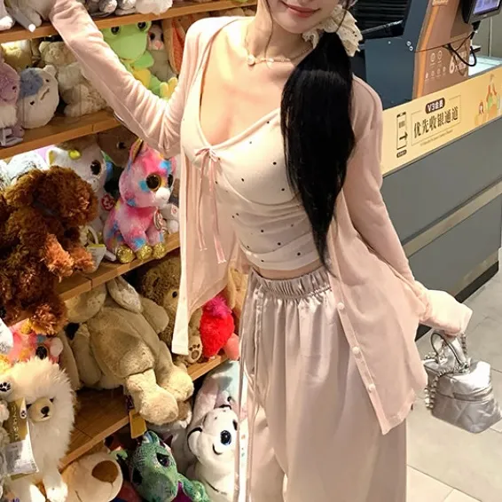[여성스러움/청순SET] 도트 리본 크롭 나시 여리 긴팔 가디건 하이웨스트 트레이닝복 쓰리피스 세트 상세 이미지 8