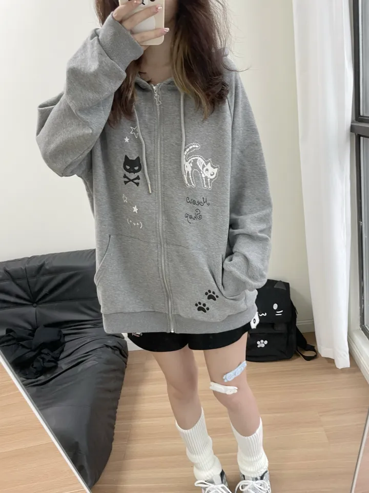 빈티지 캐릭터 캣후드  고양이 루즈핏  후드집업 상세 이미지 4