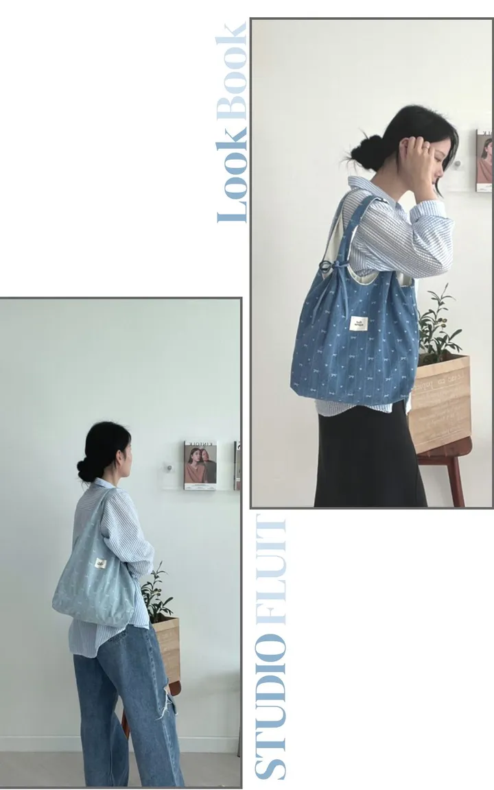 [봄여름신상/리본매듭포함]데님 리본 자수 매듭 포인트 숄더백 에코백 상세 이미지 8
