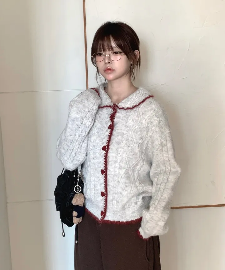 [MD추천✨러블리] 우토 하트 단추 카라 배색 니트 가디건 봄 가을 / 니트가디건 가디건 봄가디건 아우터 바람막이 청자켓 뮤잉 상세 이미지 13