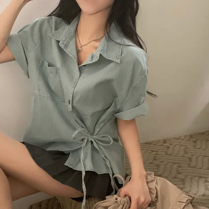 [단독판매🤍/리본포인트!] 데님 사이드 리본 포인트, 루즈핏 카라셔츠 남방 - 2color 상세 이미지 11