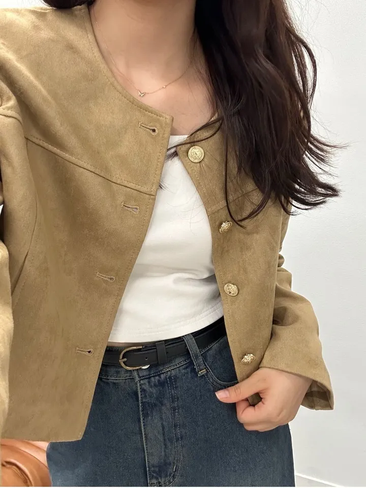 [주문폭주🐱‍🏍3color/가을신상🍂] 노이드 노카라 금장로고 스웨이드 자켓 올드머니룩 페미닌룩 어깨패드 상세 이미지 21