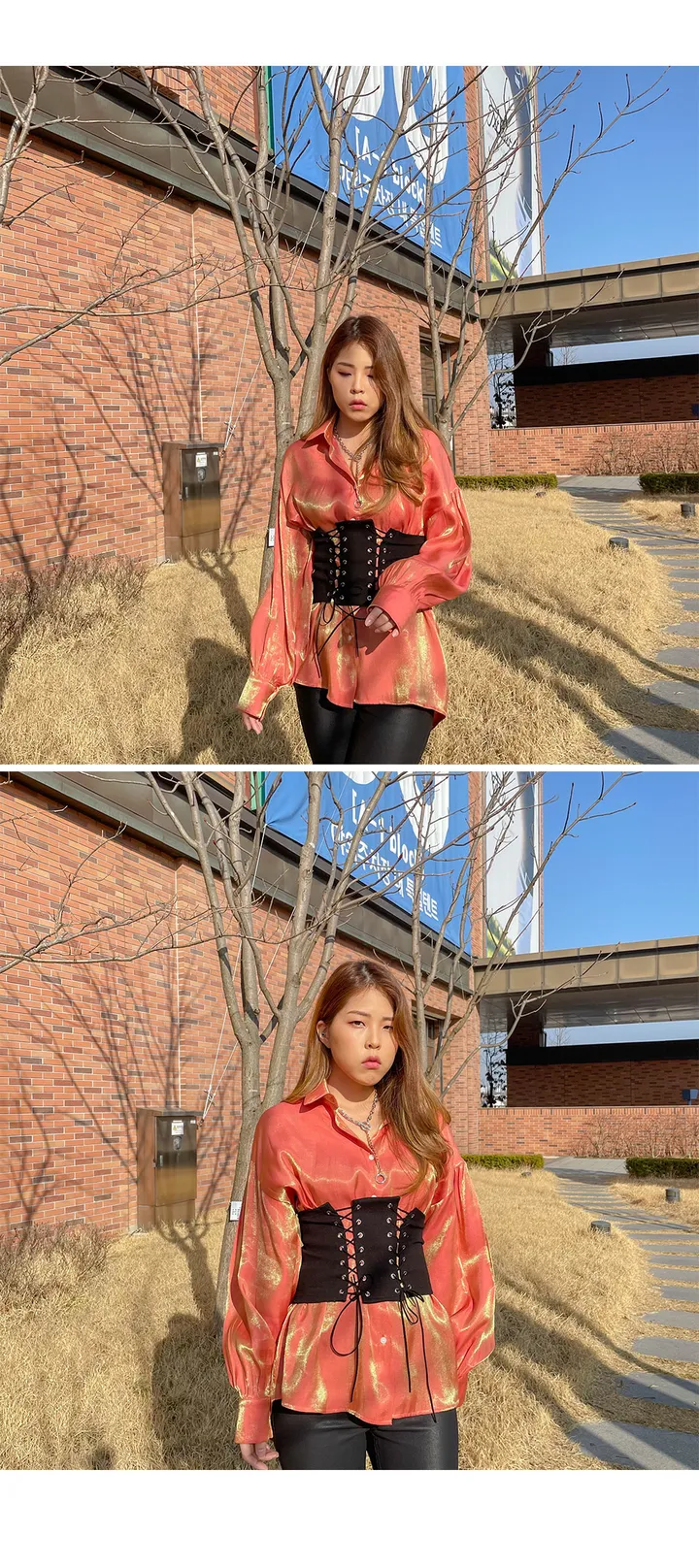 [당일출고] 투톤 오로라 루즈핏 퍼프 실크 블라우스 셔츠 / 빅사이즈 오버핏 / 연예인 아이돌의상 펜트하우스 루즈핏 글리터셔츠 반짝이 상세 이미지 16