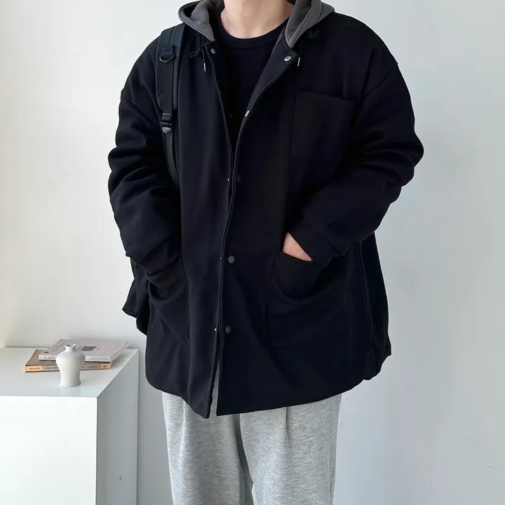가을 겨울 오버핏 하프 코트 미니멀 빅사이즈 아우터 보온안감후드블랙코트 상세 이미지 12