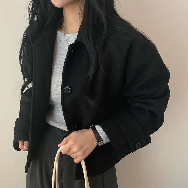 봄가을 크롭재킷 오버핏 아이보리 블랙 싱글버튼 숏코트 상세 이미지 46