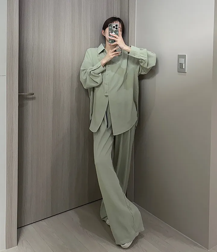 [최저가/부분당일발송🚚]빅사이즈 루즈핏 패치 남방셔츠 스트링 슬랙스 와이드팬츠 투피스세트/44-88/빅사이즈/찰랑/시원한소재/여름신상/뒷밴딩/여름하객룩/휴양지룩/바캉스룩/투웨이 상세 이미지 24