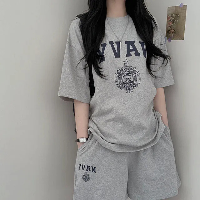 [여름세트템!] 네이비 레터링포인트 오버핏 반팔, 반바지세트 상세 이미지 5