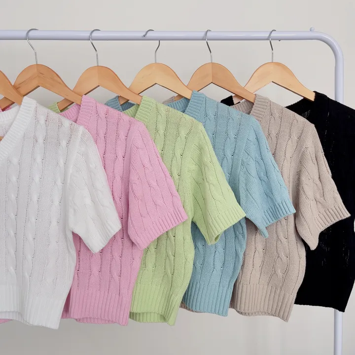(6color/최저가 보장!) 실물보장! 색감에 반한, 마카롱 꽈배기 브이넥 크롭 반팔 니트 상세 이미지 37