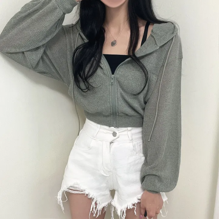 (썸머~,자외선차단) 린넨 크롭 여리 후드 집업 가디건 상세 이미지 14