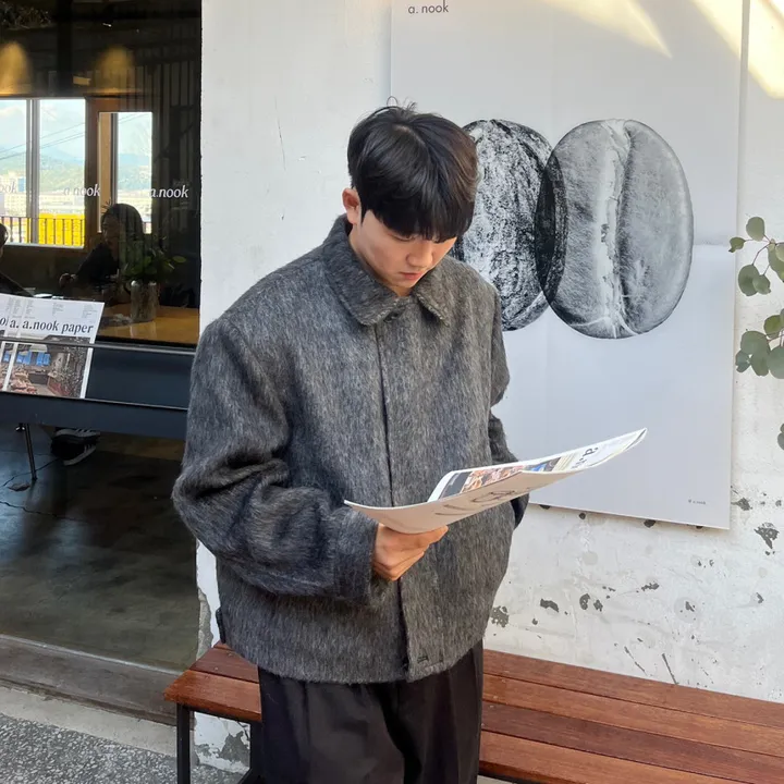 [캐주얼] 배색 남자 커플 오버핏 부클 털 모헤어 울 숏 하프 반 크롭 코트 점퍼 자켓 상세 이미지 16