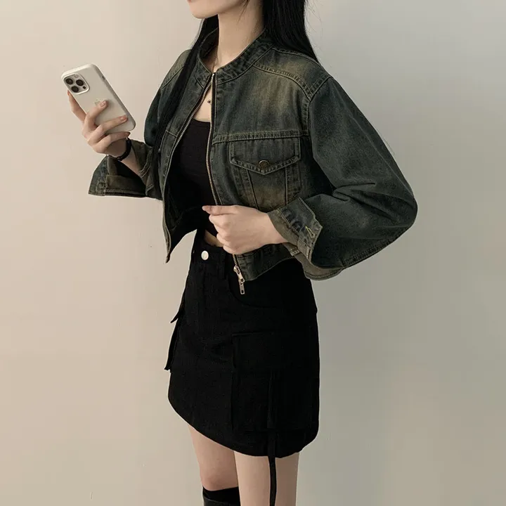 [빈티지힙] 투웨이 데미지 바이커 크롭 워싱 데님 자켓 상세 이미지 15