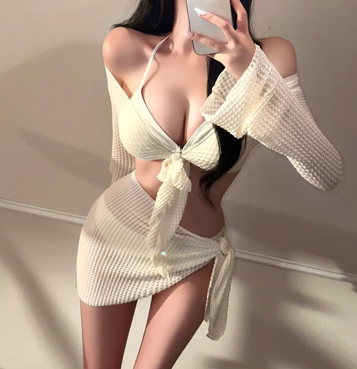 [최저가!!/리얼핏보장/4pcs] 여리 커버업 세트 섹시 글램 비키니 랩 스커트 + 크롭 가디건 수영복 비치웨어 모노키니 휴양지룩 호캉스 바캉스룩 해외여행 청순 분위기 여신 인생샷 상세 이미지 9