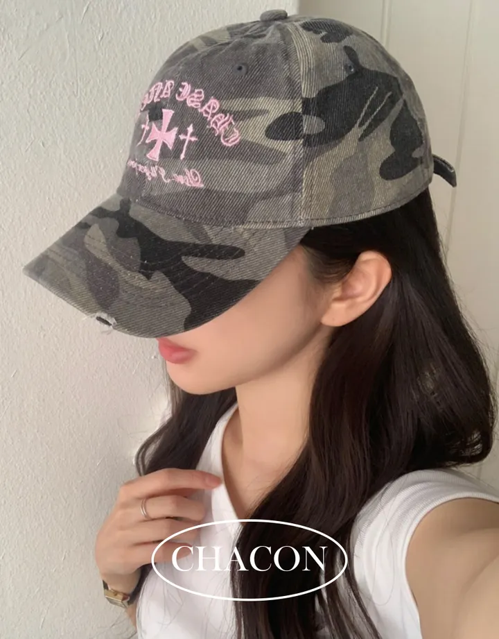 [얼굴소멸] 카모 레터링 볼캡 3color / 빈티지 데미지 워싱 밀리터리 십자가 자수 캡 모자 상세 이미지 1