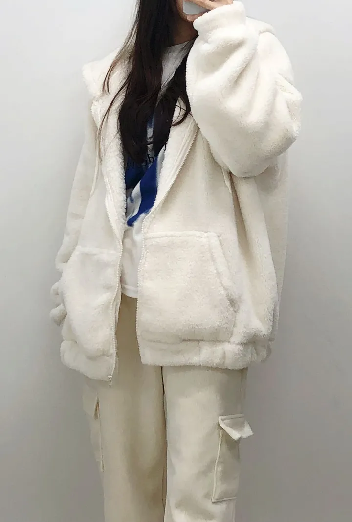 [보아털] 오버핏 포근한 두꺼운 털 빅후드 집업 상세 이미지 14