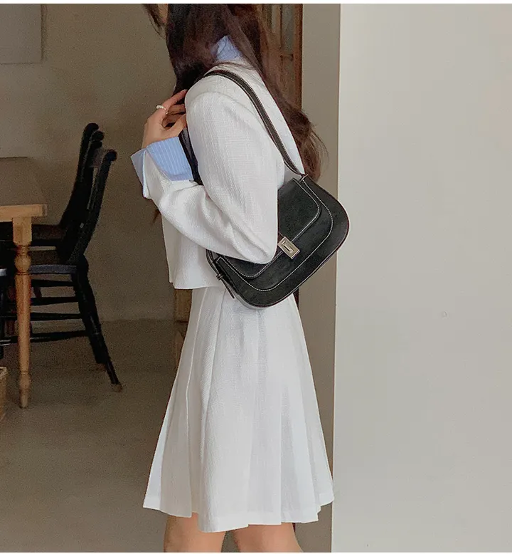 [44-120] [1천장 돌파✨] 루미네르 트위드 배색 카라넥 뒷밴딩 플리츠 투피스 세트 상세 이미지 56