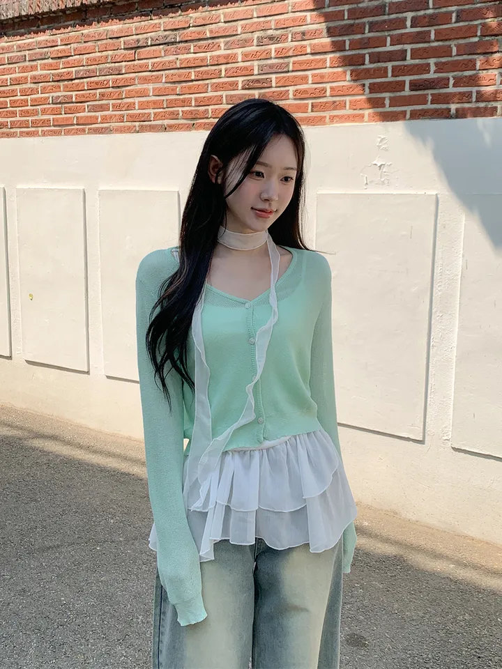 [여름까지🩵/핏강추] 르비 시스루 여리핏 세미 크롭 브이넥 긴팔 가디건 5colors 상세 이미지 34