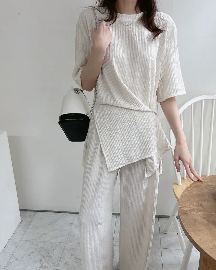 set 찰랑 링클 주름 언발 허리단추 루즈핏 티셔츠 밴딩팬츠 투피스셋업 세트 상세 이미지 10