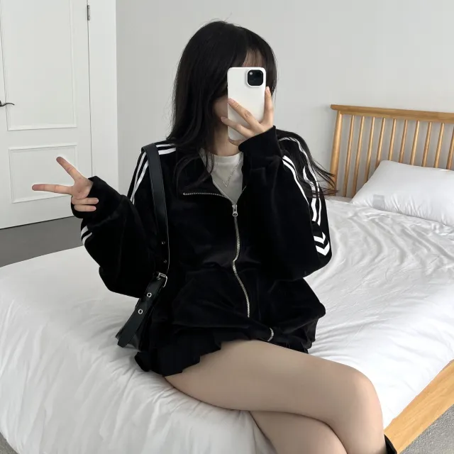 루즈핏 투웨이 지퍼 더블 라인 벨벳 스웨이드 후리스 댄스 트랙탑 져지(4color) 상세 이미지 19