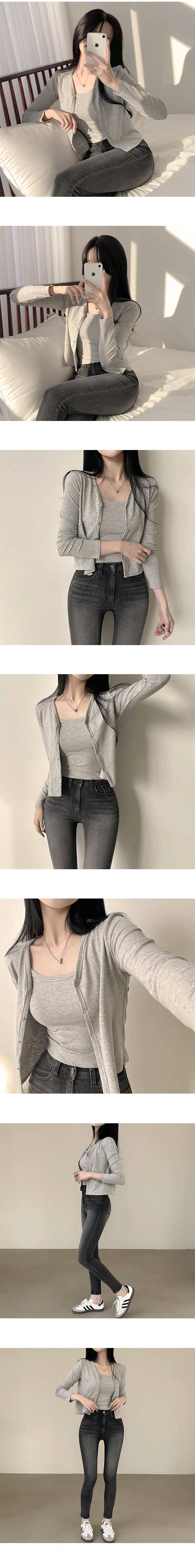 [꾸안꾸/나시+가디건set] 여리여리~ 또또 무지 브이넥 크롭 긴팔가디건 + 크롭 나시 투피스 세트 (4color) 상세 이미지 5