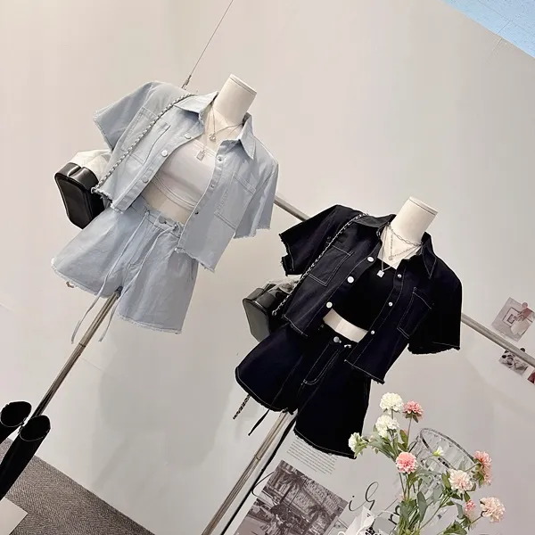 *최저가* [세트가격!/하객룩!] 드뷔 스티치 데님자켓 청자켓 데님셔츠 셔츠카라 버튼 포켓 반팔자켓 크롭자켓 스트링 밴딩 하이웨스트 와이드 반바지 숏팬츠 여름투피스 세트 데님세트 상세 이미지 25