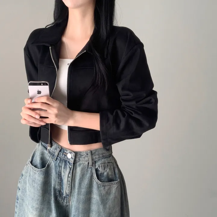 [갓성비템/보들원단!] 메드 카라 스웨이드 절개 긴팔 숏 크롭 자켓 점퍼 상세 이미지 25