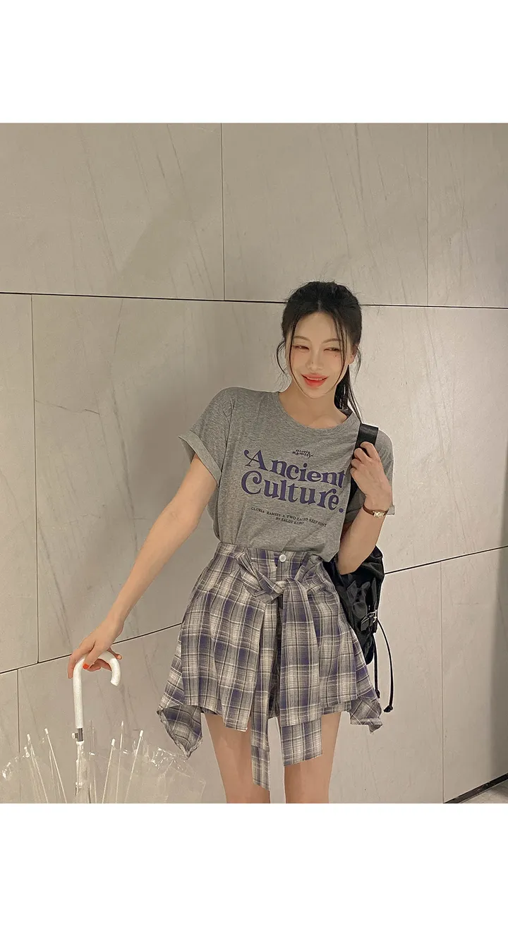 (세트가격/티셔츠세트/치마바지/체크포인트/하체커버/꾸안꾸룩/코디세트/세트코디/데일리/여행룩) 시엘 티셔츠+셔츠 체크치마 바지 세트 SET 상세 이미지 15