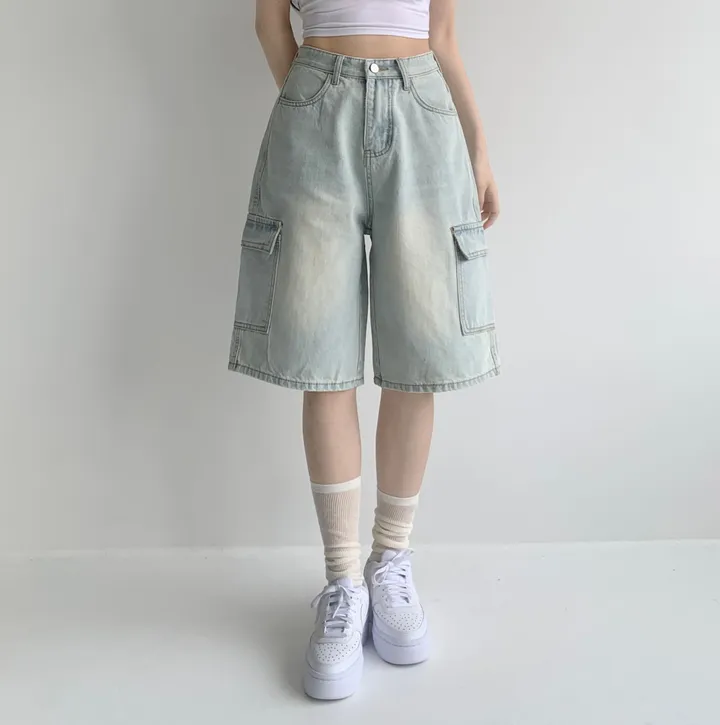 후기극찬![핏보장❤︎/힙무드/~XL] 이브닝 빈티지 힙 워싱 하이웨스트 와이드 카고 하프 버뮤다 5부 청 반바지 데님 팬츠 빅사이즈 상세 이미지 17