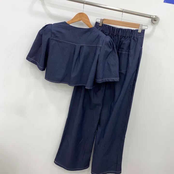 [SET!]데님 스티치 스퀘어넥 크롭 퍼프 자켓 롱 와이드 팬츠 투피스 세트 1color 상세 이미지 9