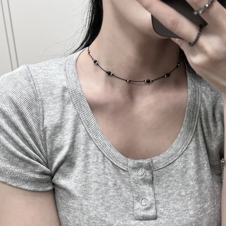 [써지컬] 무채색 블랙 오닉스 원석 써지컬 볼 매듭 끈 초커 목걸이 상세 이미지 10