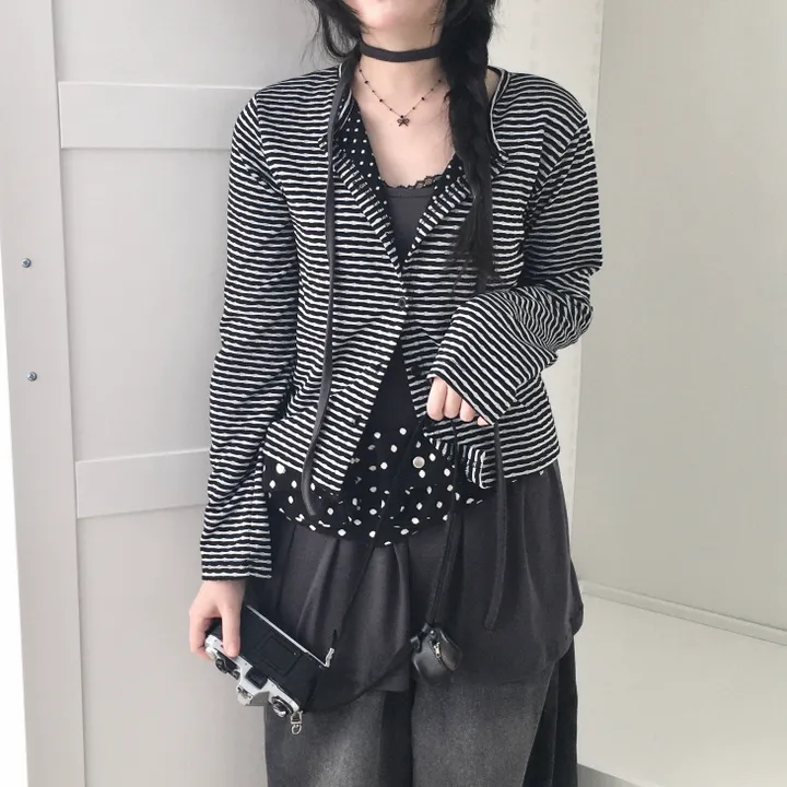 [반전 도트안감🖤/뒷태패치 포인트!!] 빈티지 감성 낭낭🪽 도트안감 패치 단가라 스트라이프 긴팔 가디건 엔젤코어 상세 이미지 10