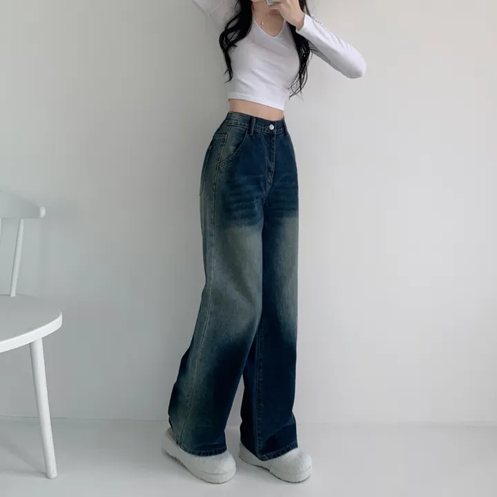 당일출고🚀[특가❤/핏보장] 선데이 원버튼 뒷밴딩 사이드 빈티지 워싱 하이웨스트 와이드 바지 데님팬츠 청바지 사계절청바지 상세 이미지 16