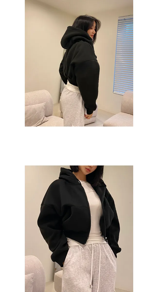 [주문폭주]언더립 기모 오버핏 크롭 투웨이 후드 숏 집업 점퍼(블랙/그레이/차콜) 상세 이미지 5
