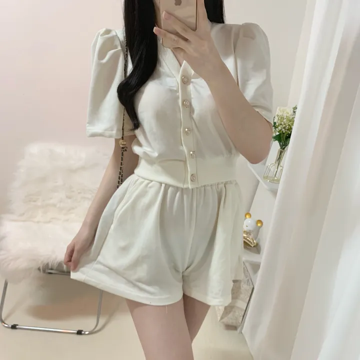 [세트가격/러블리*.*] 하트 퍼프 반팔 루즈핏 크롭 가디건 + 밴딩 와이드 숏 반바지 투피스 세트 3color 상세 이미지 7