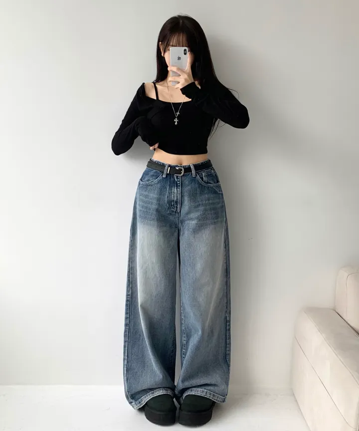 [모델소장🖤/기장선택/~XL] 페이블 3기장 힙 빈티지 워싱 하이웨스트 로우 밑단 스냅 조거 와이드 데님 팬츠 청바지 키작녀 키큰녀 남녀공용 사계절팬츠 빅사이즈 상세 이미지 9