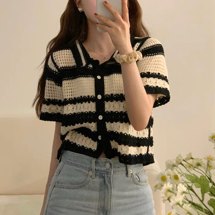 뜨개 카라 펀칭 단가라 크롭 가디건(2color) 상세 이미지 4
